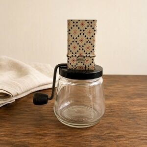 Vintage Androck Nut Chopper‎ Glass Jar Hand Crank Metal Starburst Pattern USA